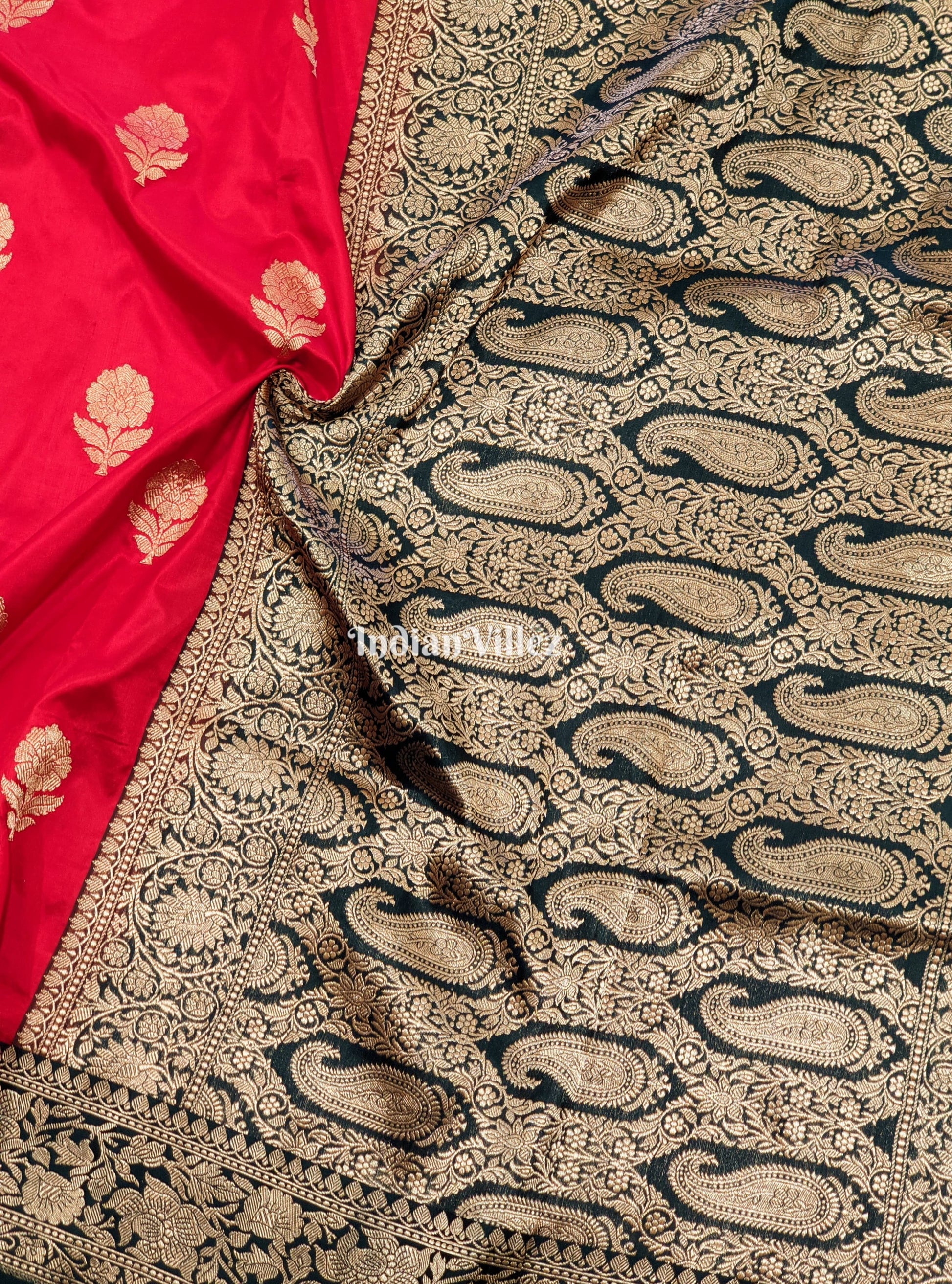 Red Black Pure Banarasi Katan Silk Saree