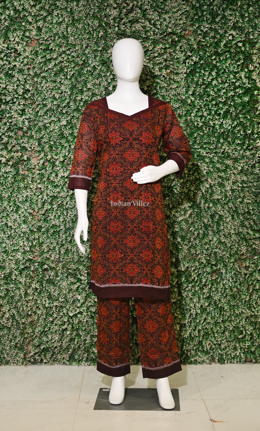 Coffee Maroon Floral Motif Cotton Kurti Set with Pallazo (Co-Ords Set)