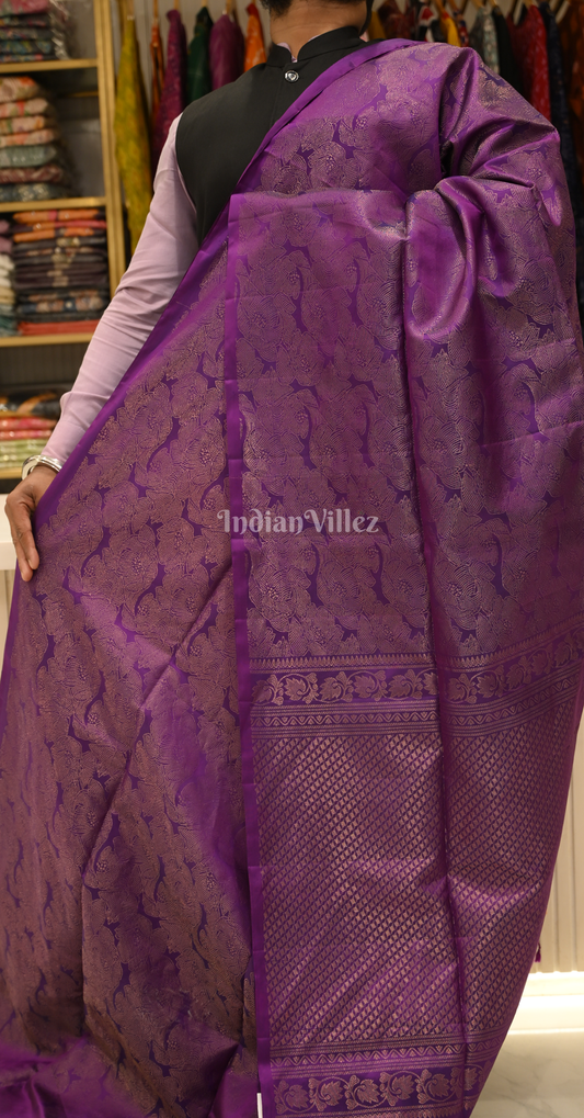 Purple Golden Floral Pure Kanjivaram Soft Silk Saree