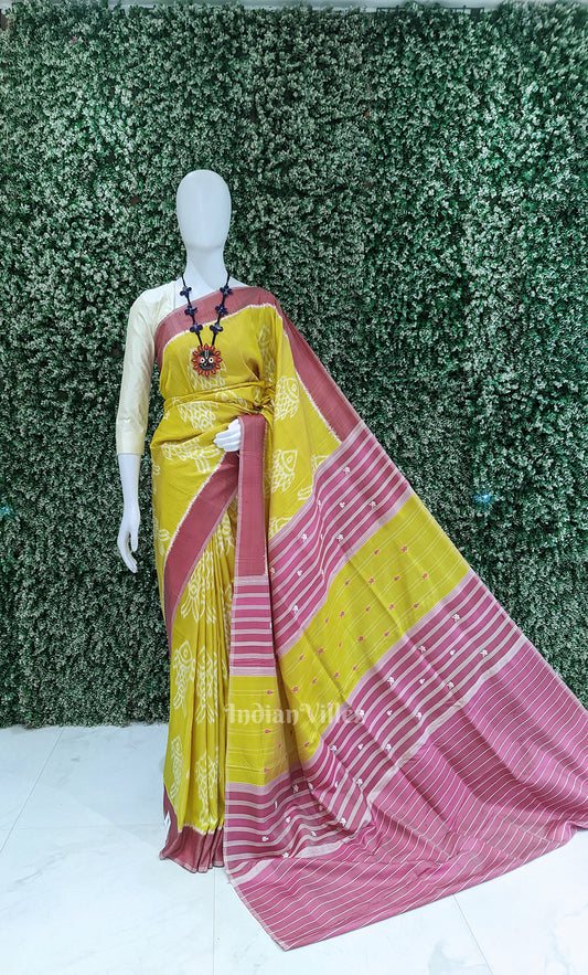 Yellow Magenta Pink  Fish Motif Odisha Ikat Contemporary Designer Saree
