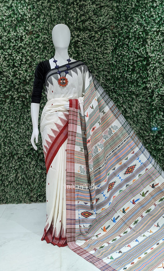 White Handwoven Original Ganjam Bomkai Cotton Saree