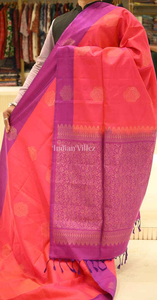Red Purple Floral Zari Pure Kanjivaram Soft Silk Saree