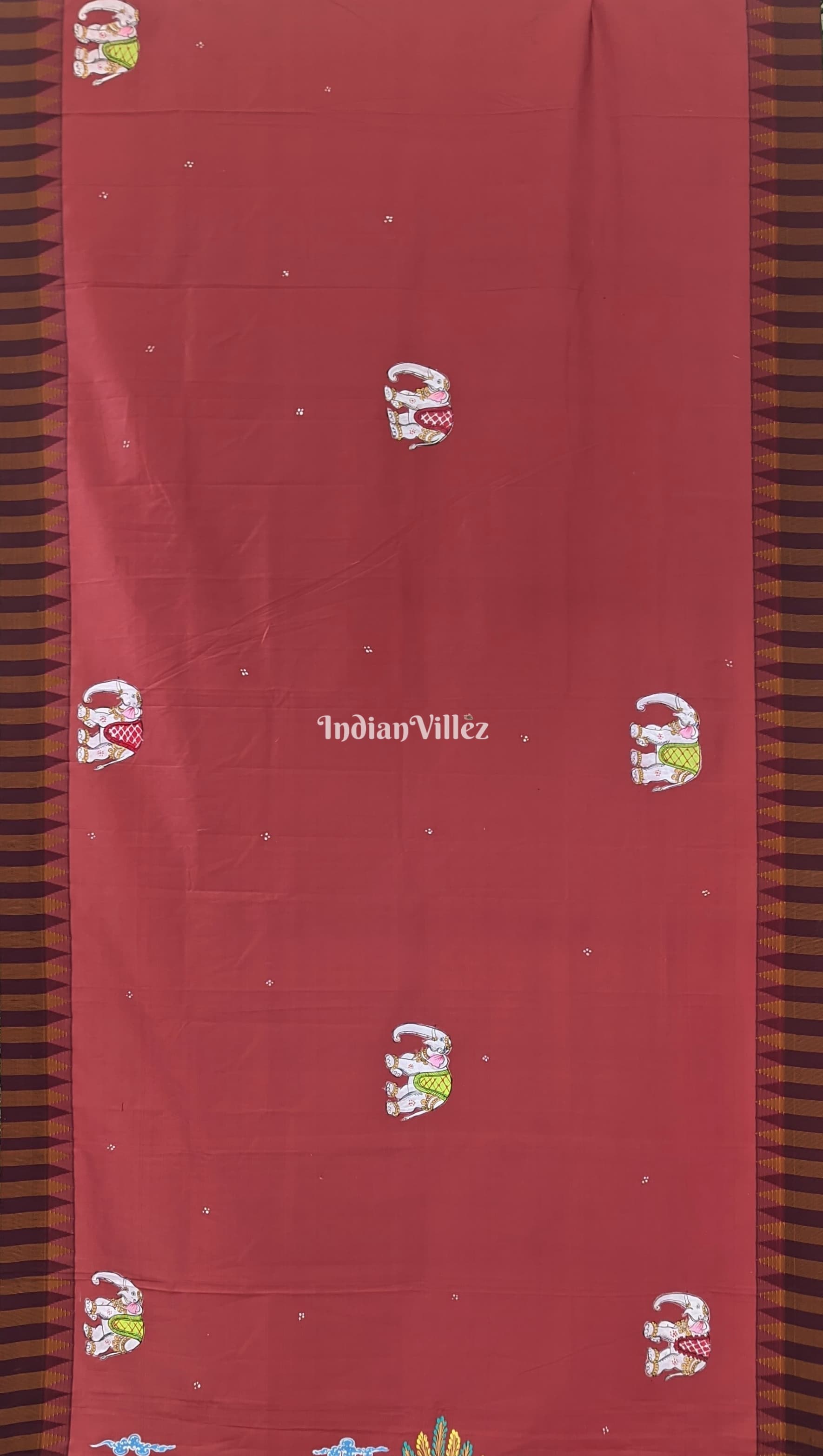 Brick Red Kandarpa Hati (Elephant) Pattachitra Art on Kerala Silk Saree