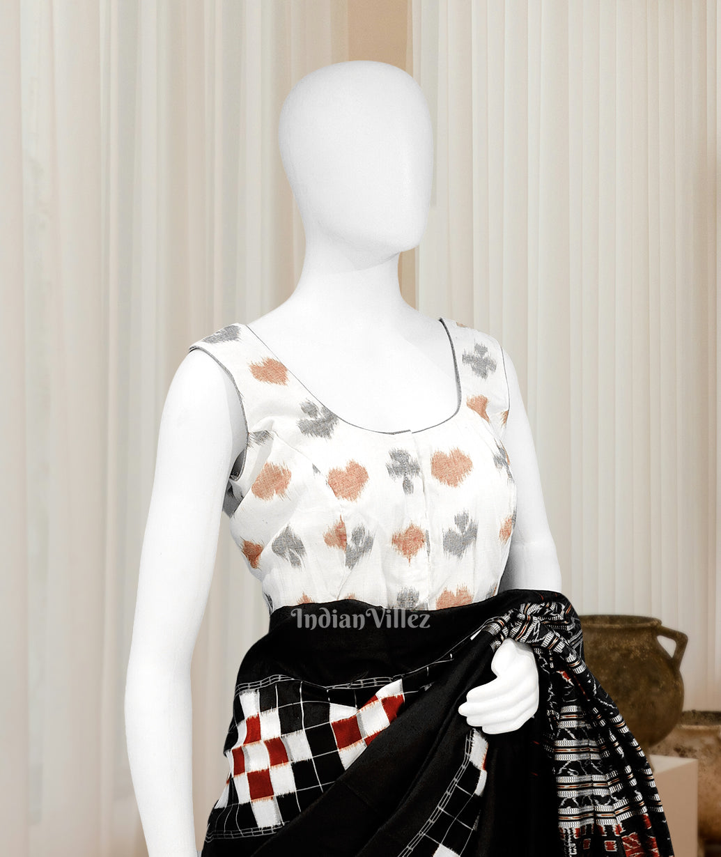 White with Multi Color Odisha Ikat Sambalpuri Cotton Blouse 