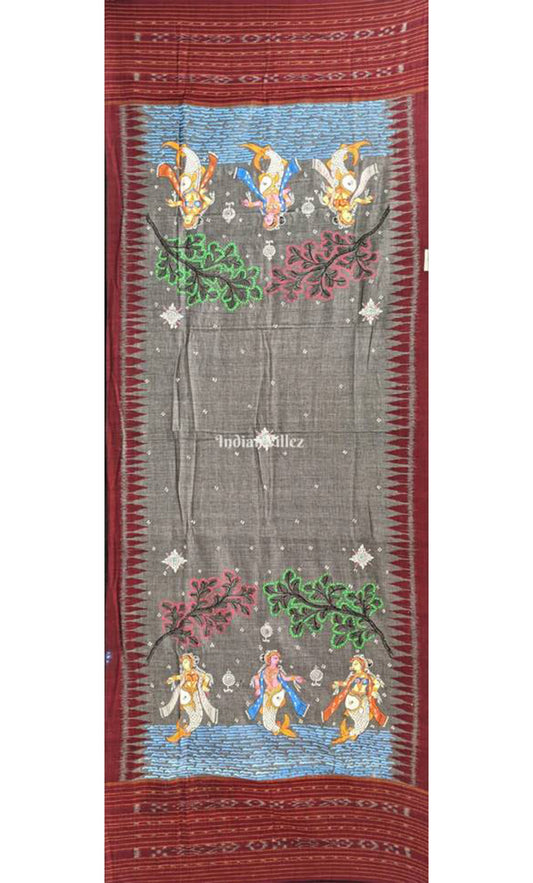 Gray Maroon Matsya Kanya Cotton Pattachitra Dupatta