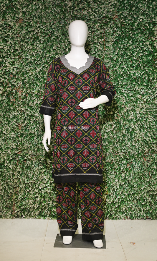 Green Black Diagonally Nabakothi Cotton Kurti Set with Pallazo (Co-Ords Set)