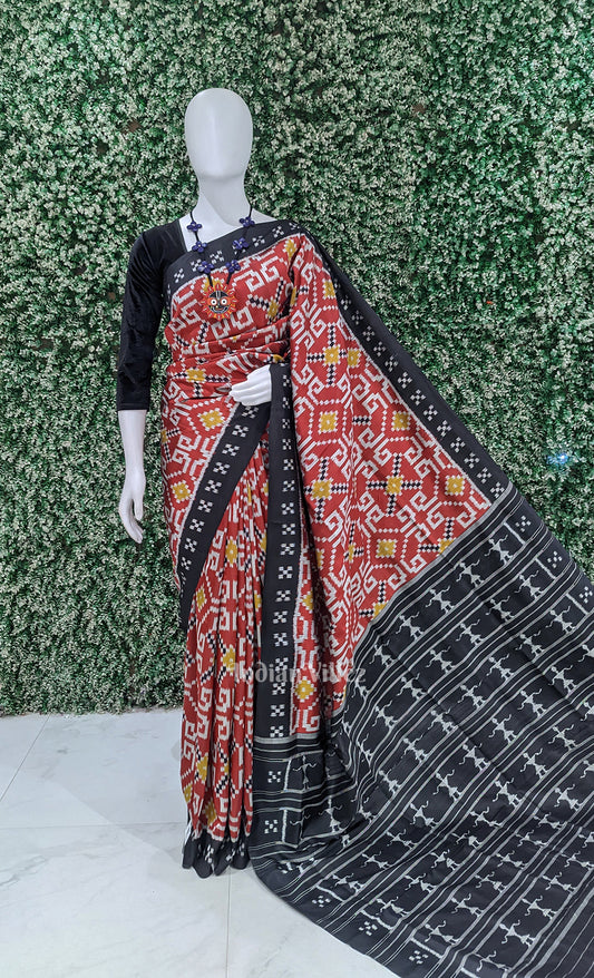 Red Black Odisha Ikat Contemporary Designer Silk Saree with Tribal Anchal