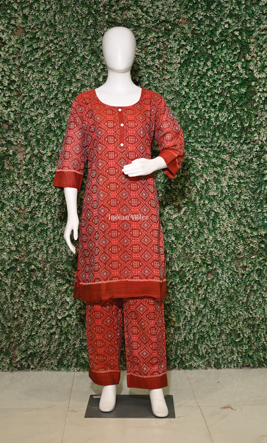 Red Floral Motif Odsiha Ikat Cotton Kurti Set with Pallazo (Co-Ords Set)