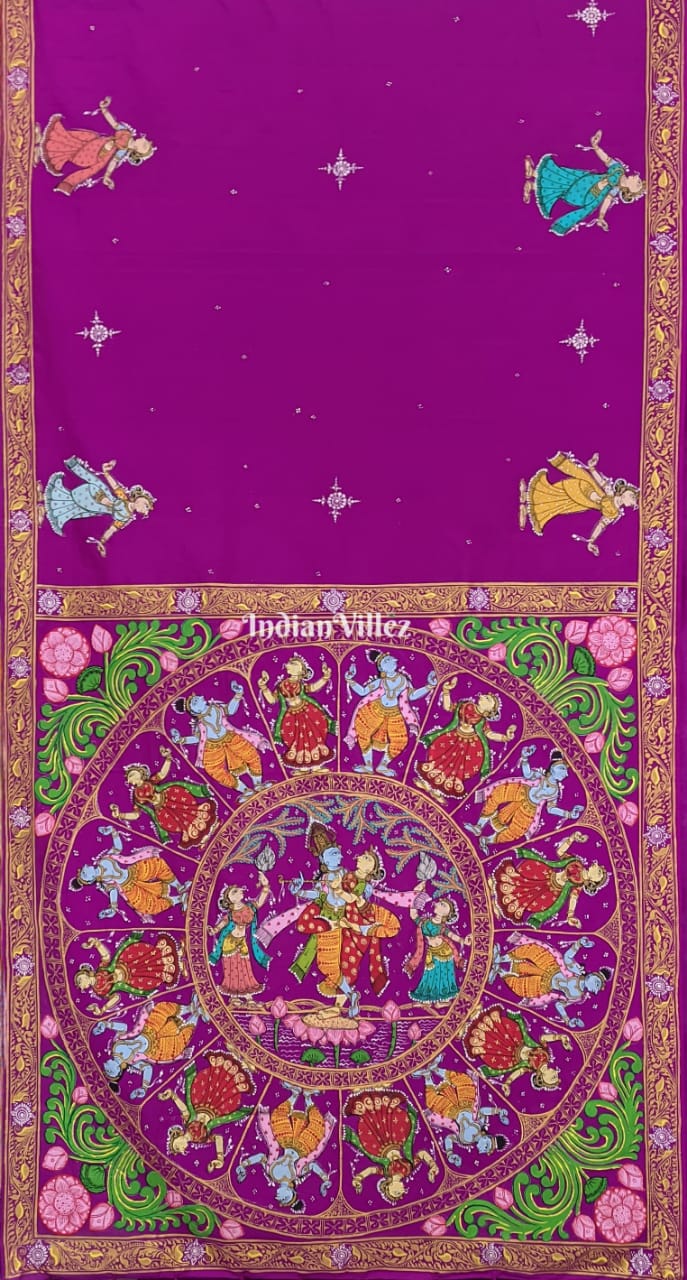 Magenta Krushna Leela Hand-Painted Pattachitra Silk Saree