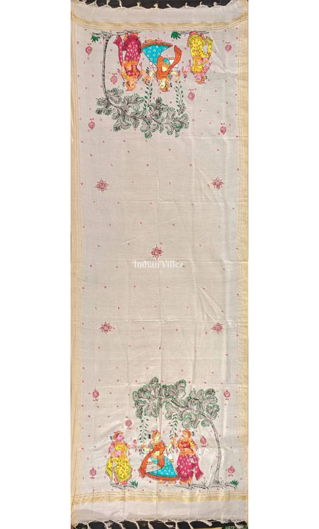 Off White Raja Theme Cotton Pattachitra Dupatta