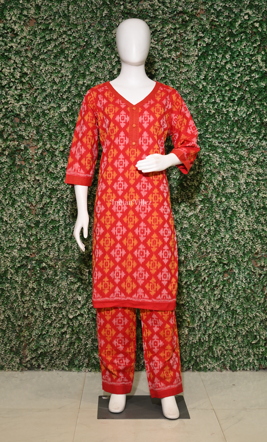 Red Tribal  Theme  Odsiha Ikat Cotton Kurti Set with Pallazo (Co-Ords Set) 