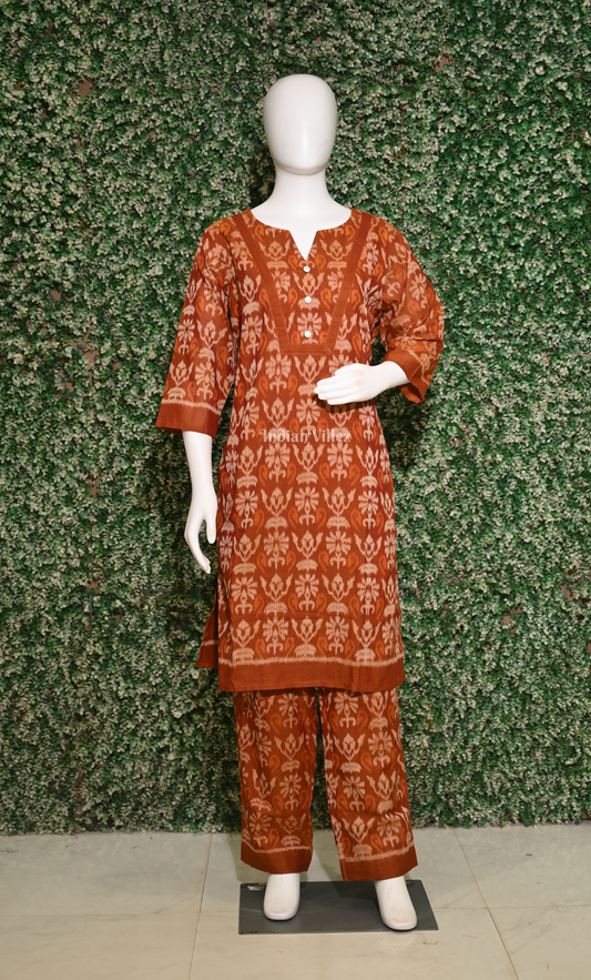 Rust Orange Floral Motif Cotton Kurti Set with Pallazo (Co-Ords Set)