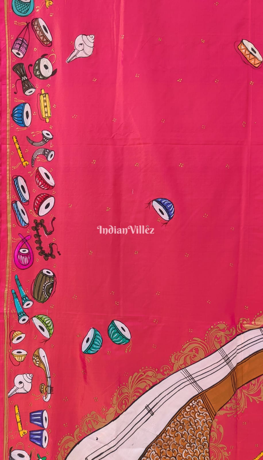 Pink Color Veena Design Pattachitra Art Pure Silk Saree