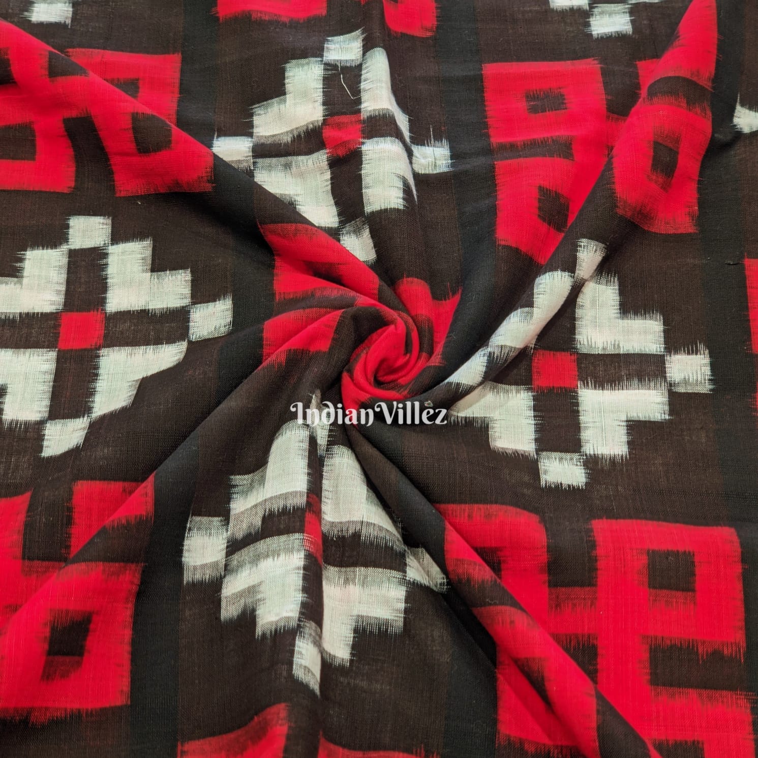 Black Red Pasapali Sambalpuri Ikat Cotton Fabric