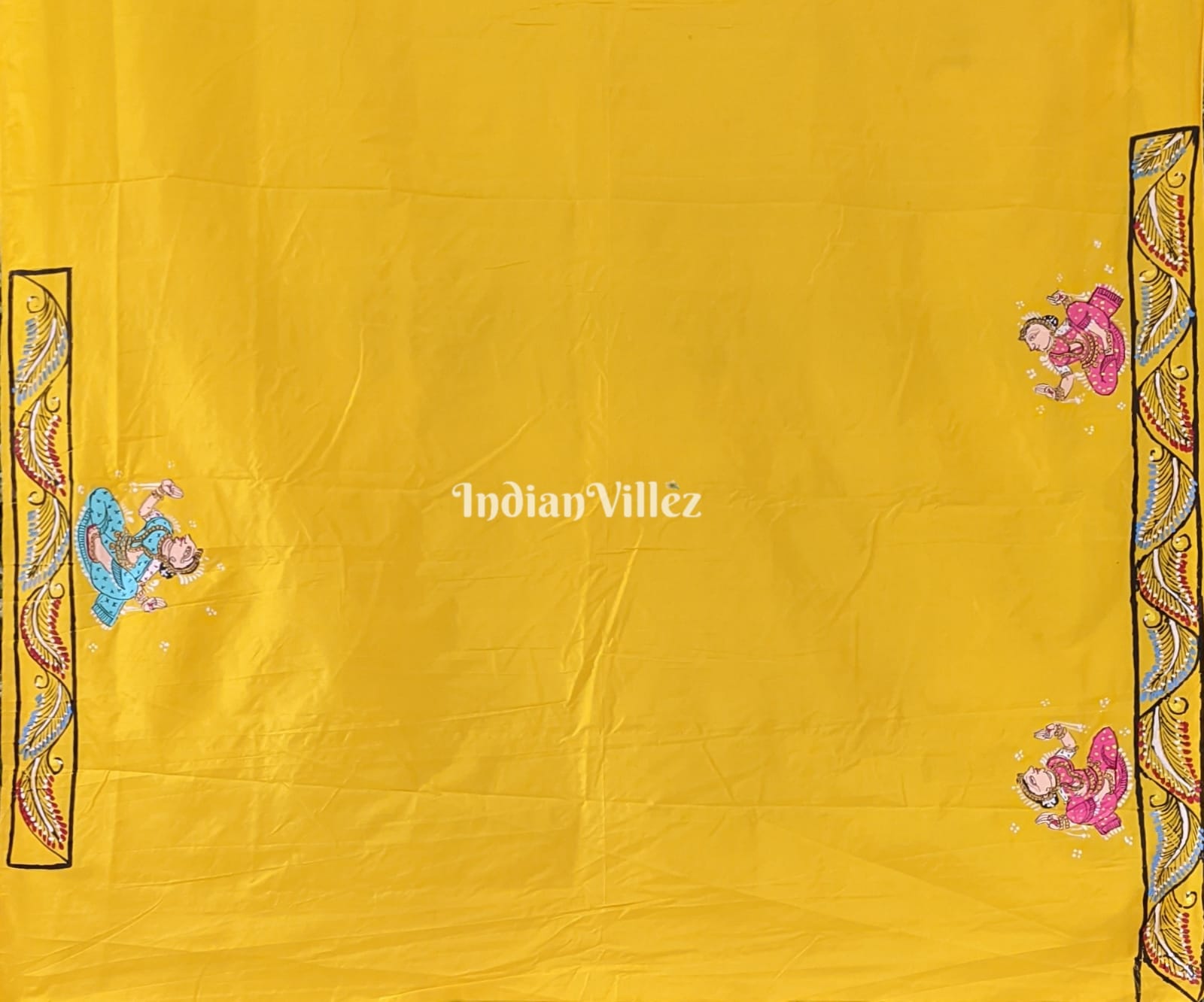 Yellow Mathura Vijay Pattachitra on Mulberry Silk Saree