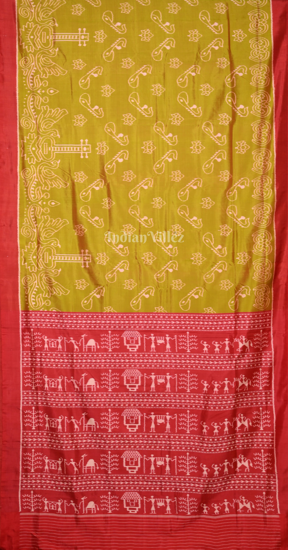 Olive Green Red Veena Motif Contemporary Designer Silk Saree