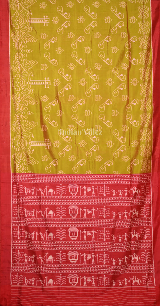 Olive Green Red Veena Motif Contemporary Designer Silk Saree