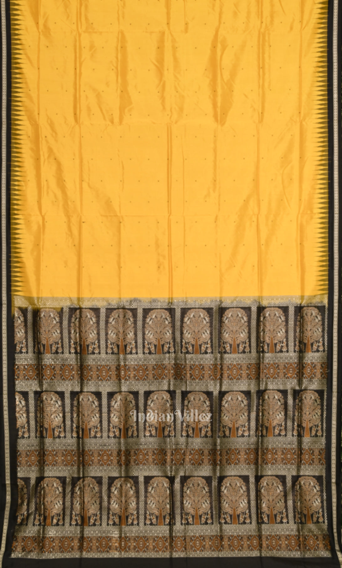 Mustard Yellow Black Butta Design Bomkai Sambalpuri Silk Saree 