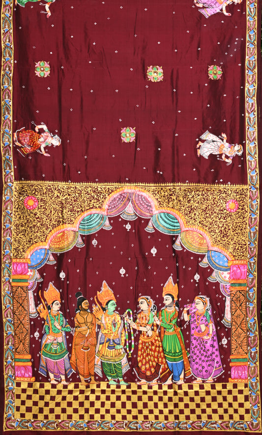 Deep Maroon  Ramayan Theme Hand-Painted Pattachitra Saree
