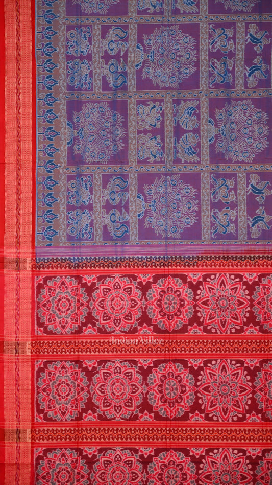 Blue Red Jhoti Theme Sambalpuri  Silk * Cotton (Bapta) Saree 