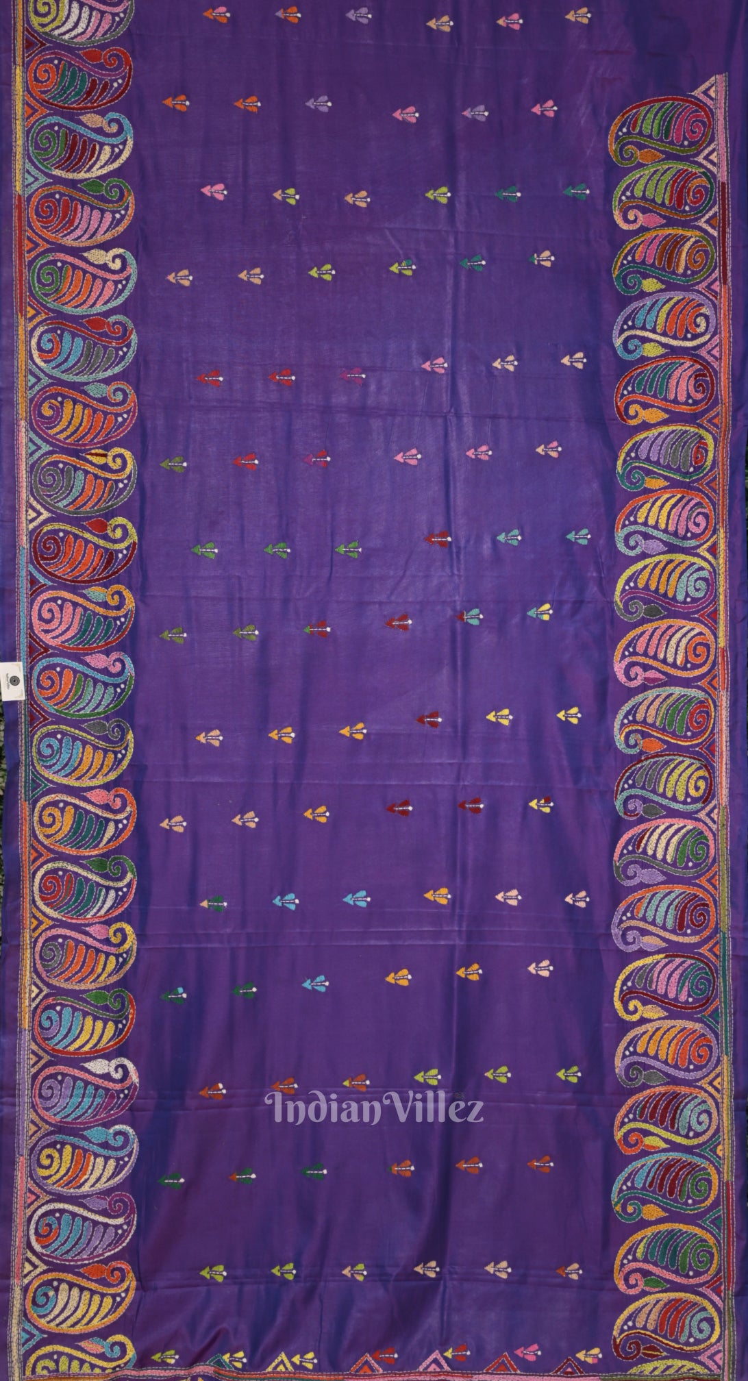 Purple Dual Tone Handwoven Kantha Stitch Silk Saree