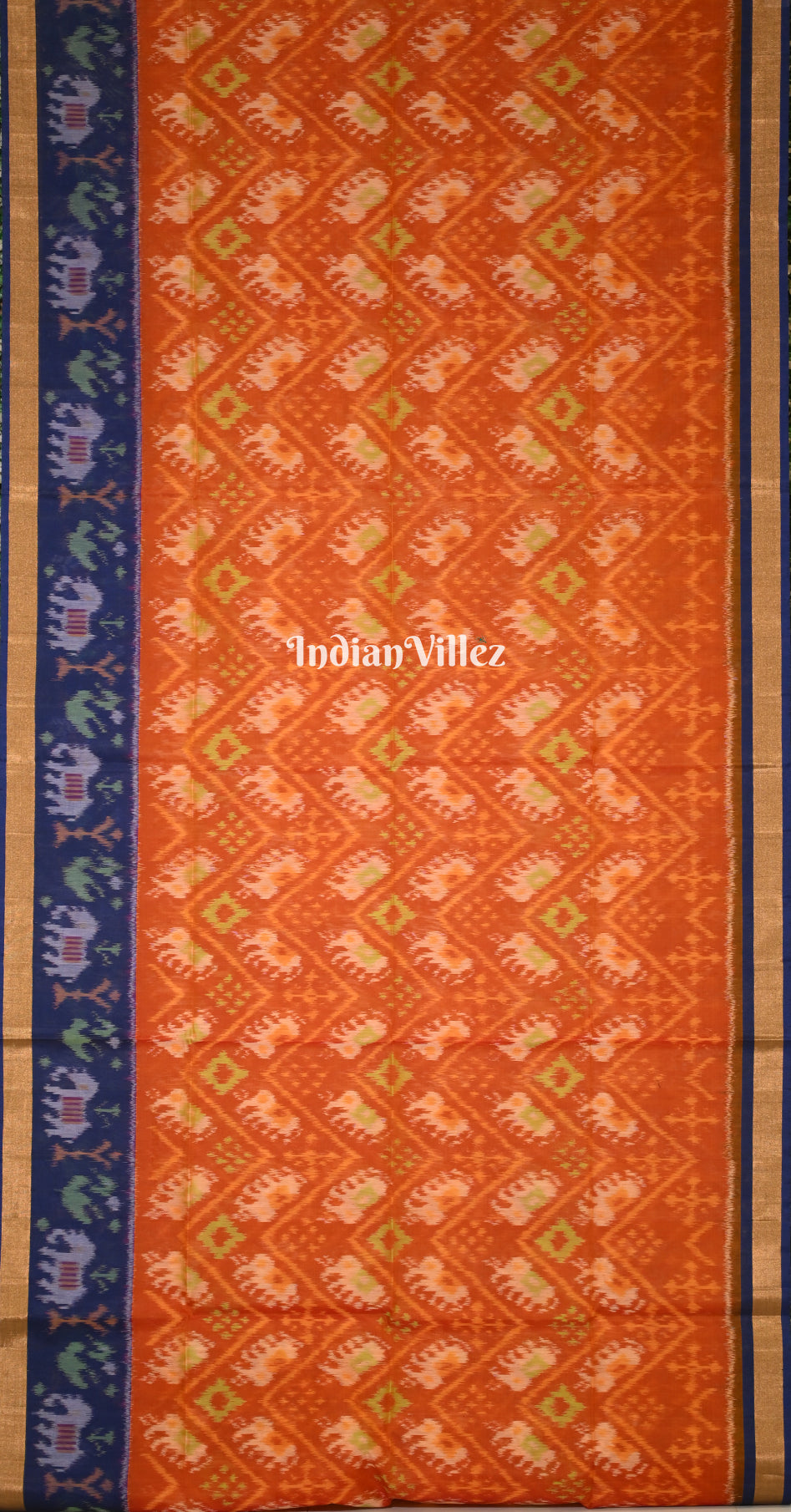 Rust Orange Blue Pochampally Ikat Silk Cotton (Sico) Saree