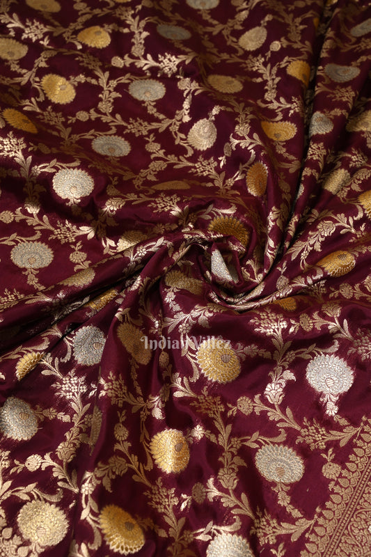 Wine Meenakari Pure Mashru Satin Silk Banarasi Saree 