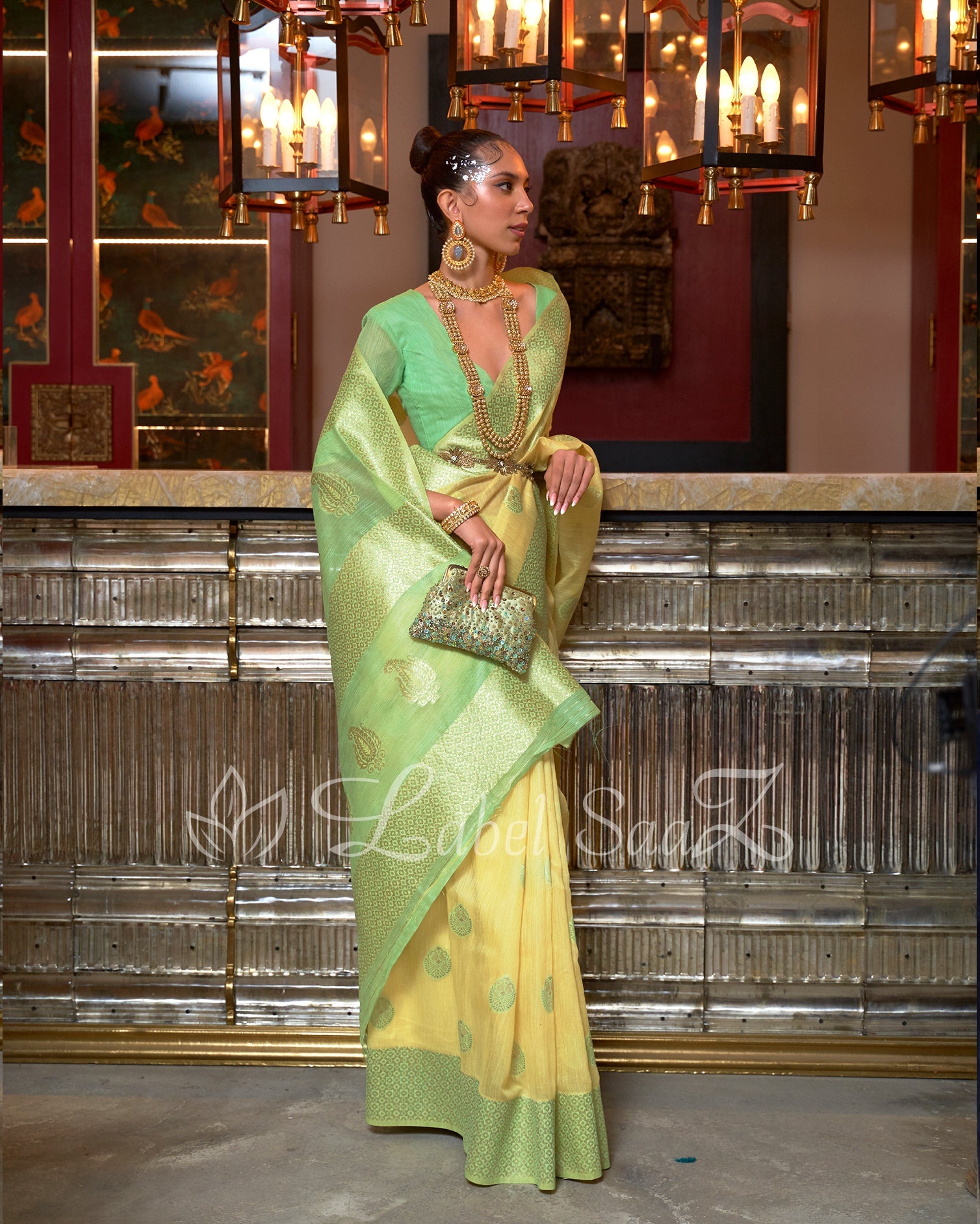 Lemon Yellow Pure Multicoloured Linen Banarasi Saree