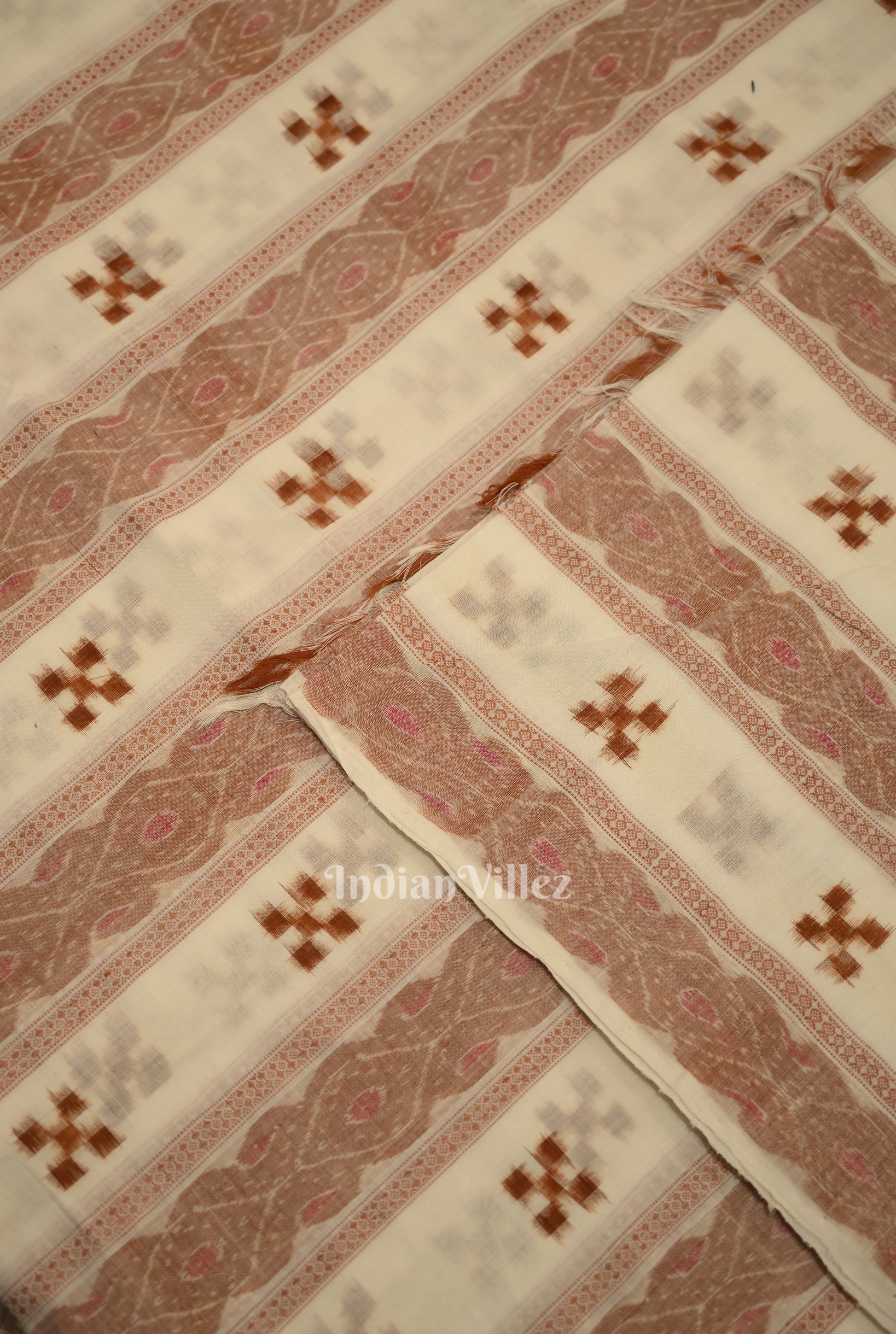 White  Brown Pasapali Sambalpuri Ikat Cotton Fabric 