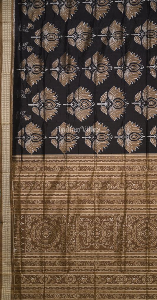 Black Brown Lotus Motif Odisha Ikat Sambalpuri Silk Saree 