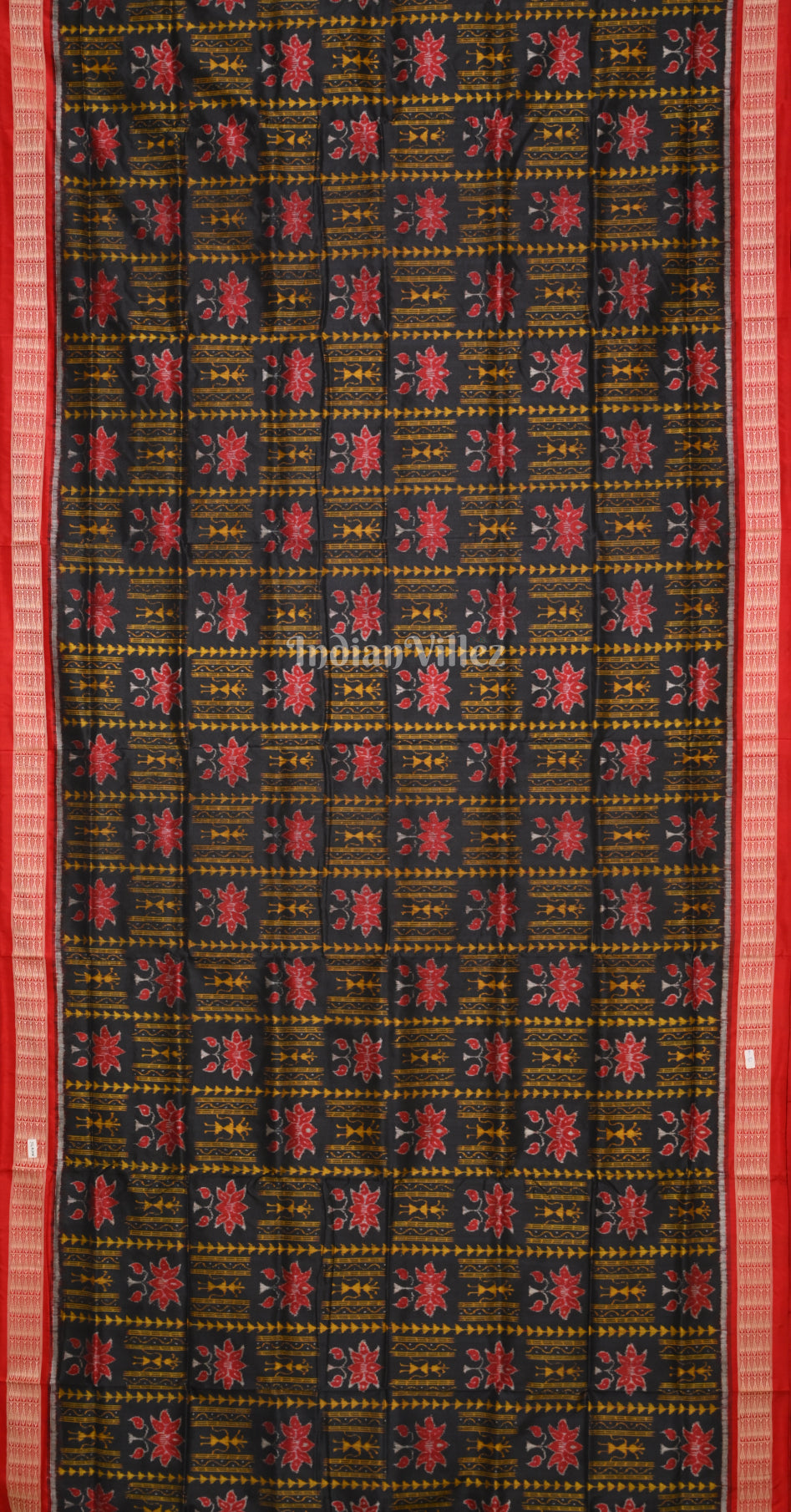 Black Red Tribal Lotus Motif Odisha Ikat Sambalpuri Silk Saree 