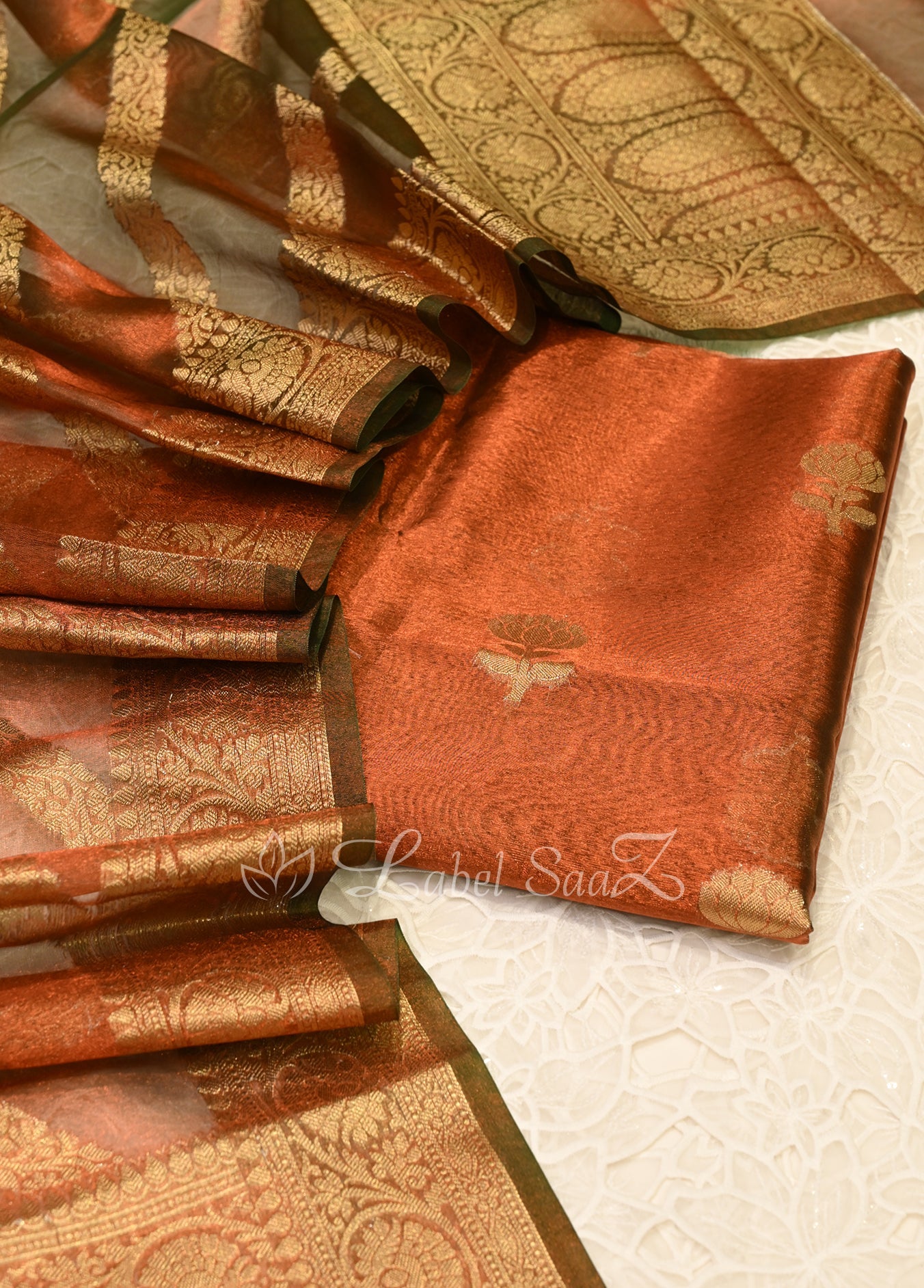 Rust Orange Floral Design Banarasi Unstitched Salwar Suit 