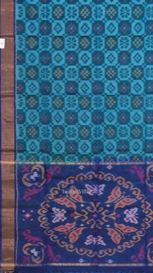 Aqua Blue  Pochampally Ikat Sico (Silk & Cotton) Saree with Zari Border