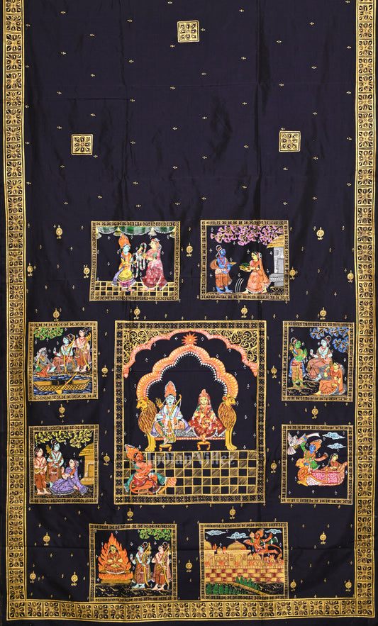 Navy Blue Ramayan Theme Pattachitra Saree