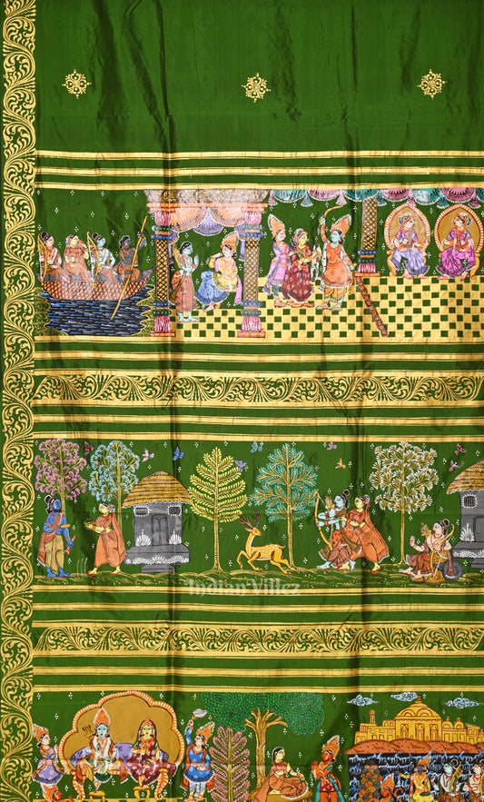  Mehendi Green  Ramayan Theme Hand-Painted Pattachitra Saree