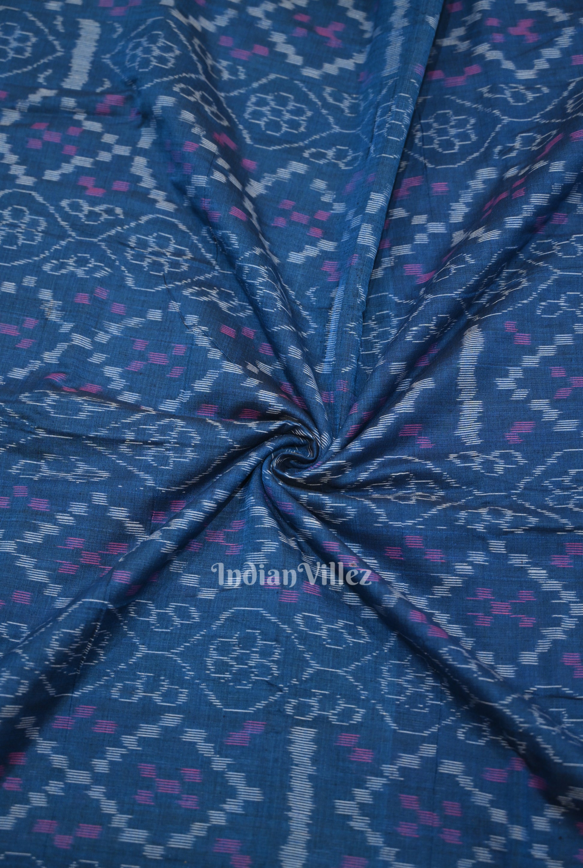 Persian Blue Flower Pasapali Sambalpuri Odisha Ikat Cotton Fabric 