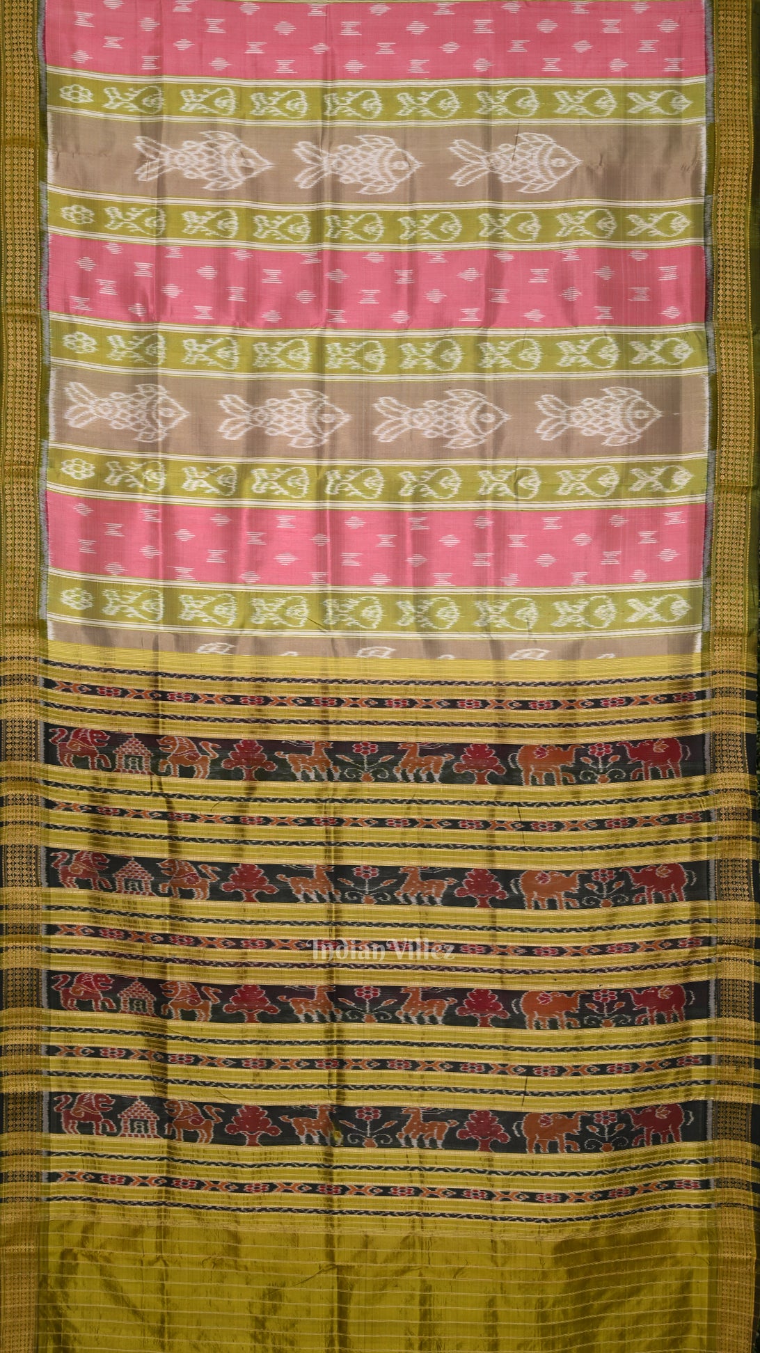Pink Olive Green Fish Motif Odisha Ikat Khandua Silk Saree 