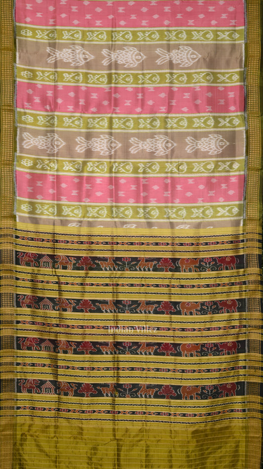 Pink Olive Green Fish Motif Odisha Ikat Khandua Silk Saree 