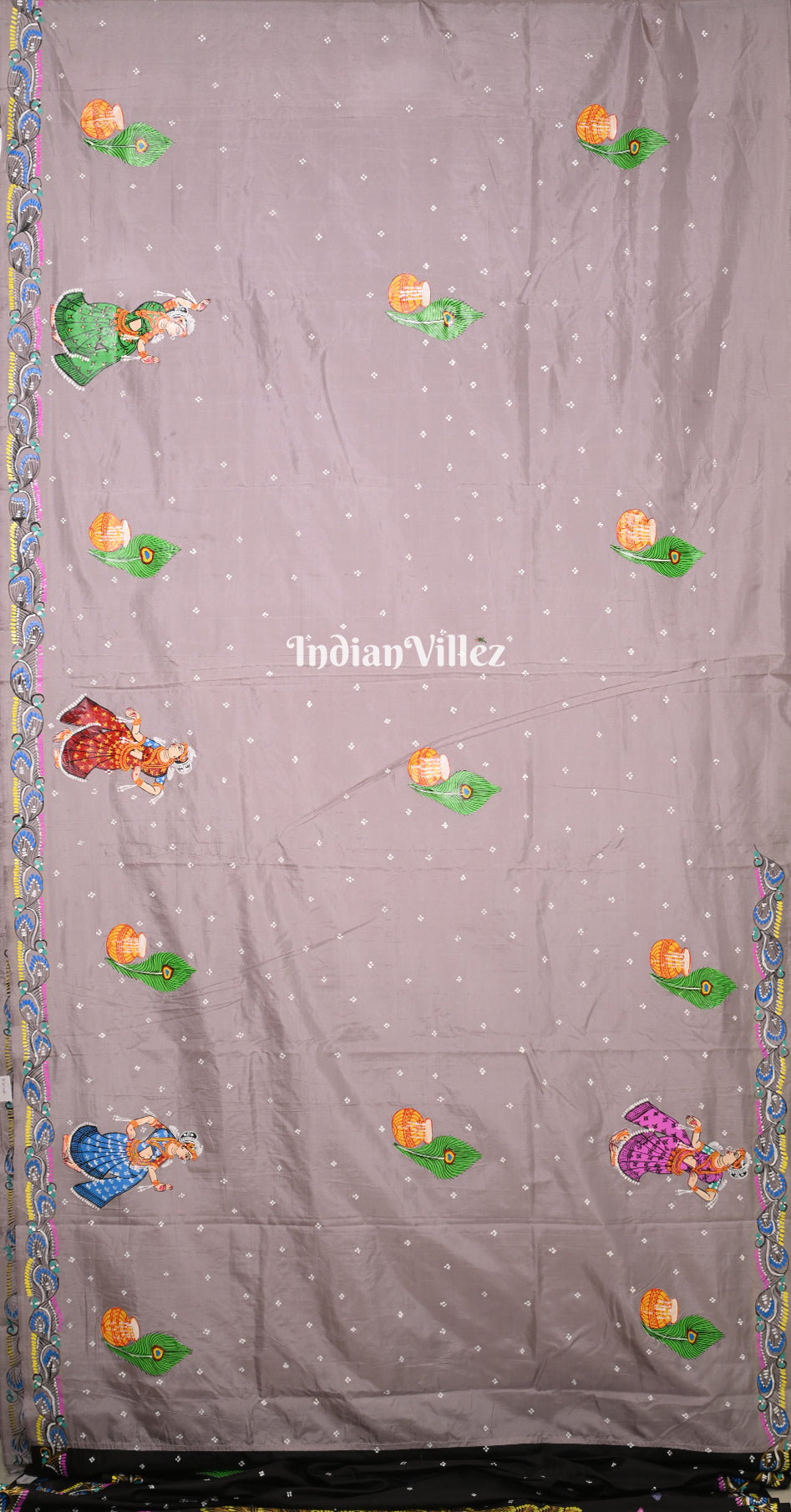 Grey Black (Mayur) & Nartaki Theme Dual Tone Hand-Painted Pattachitra Saree 