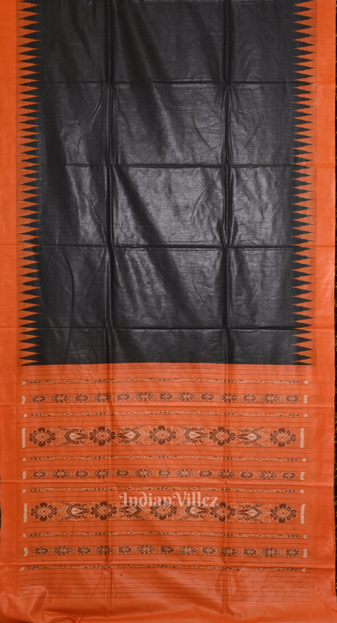 Black Tussar Silk Saree with Orange Border & Anchal 
