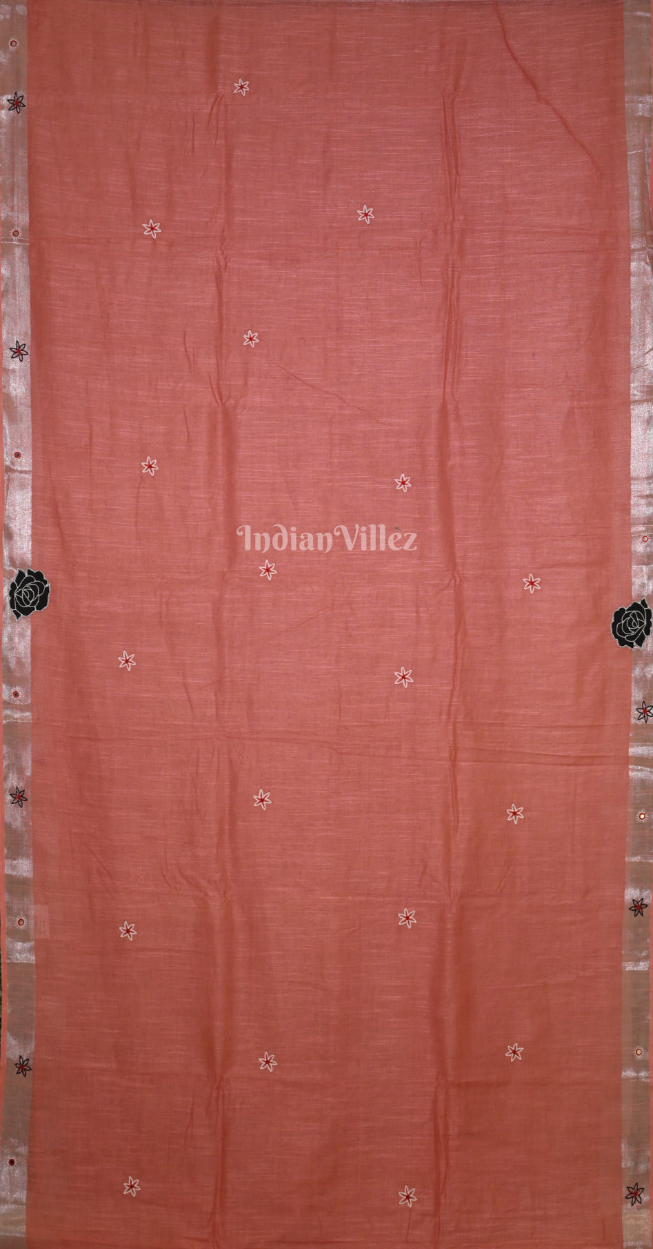 Peach Pink Hand Embroidered Applique Work Saree