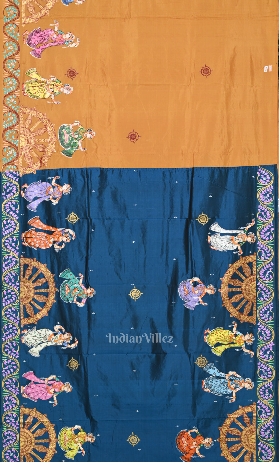Blue Yellow Nartaki Konark Temple Hand-Painted Pattachitra Saree 