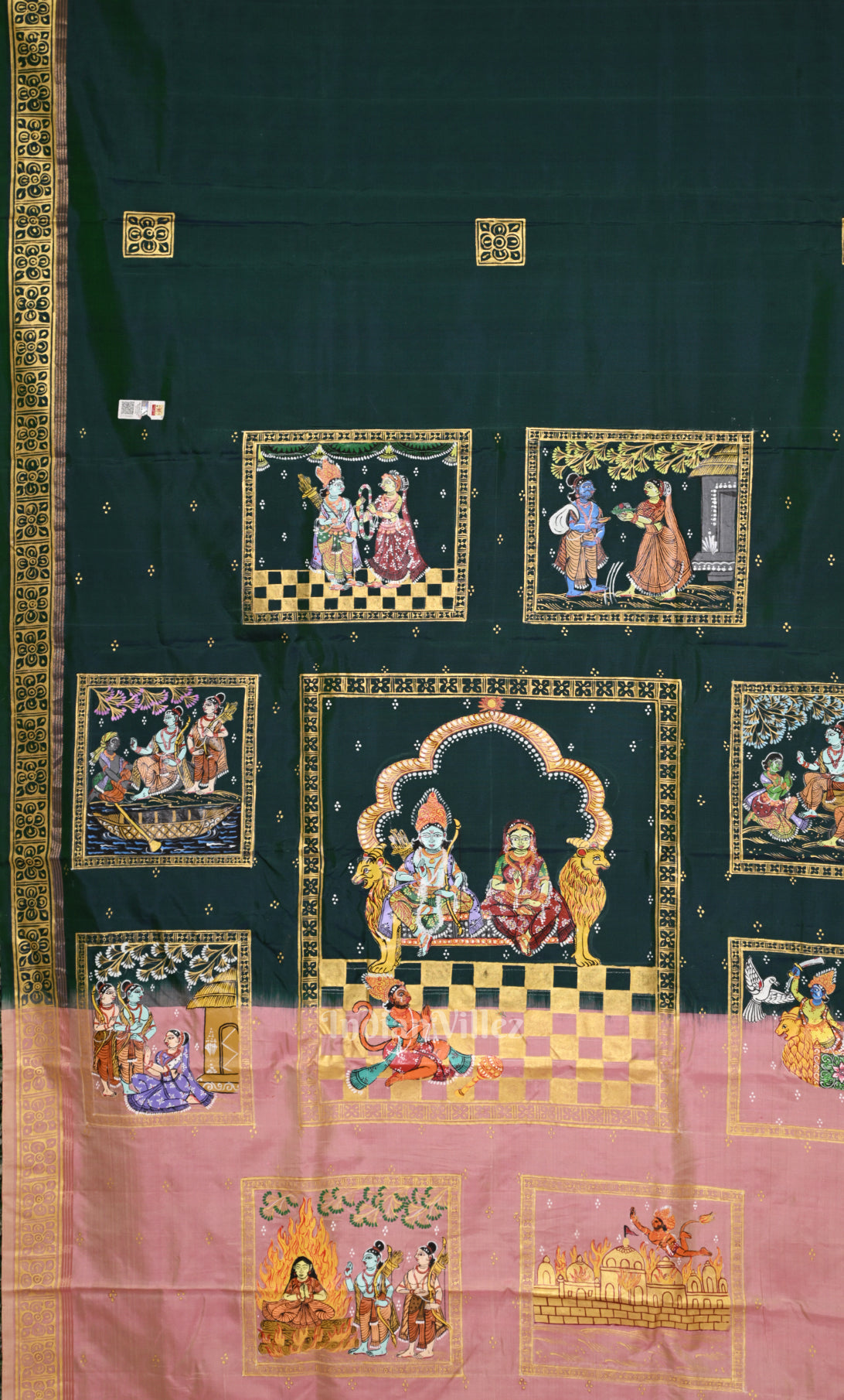 Bottle Green Pink Ramayan Hand- Painted Pattachitra Saree 