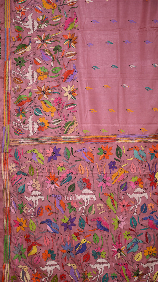 Peach Pink Handwoven Kantha Stitch Silk Saree