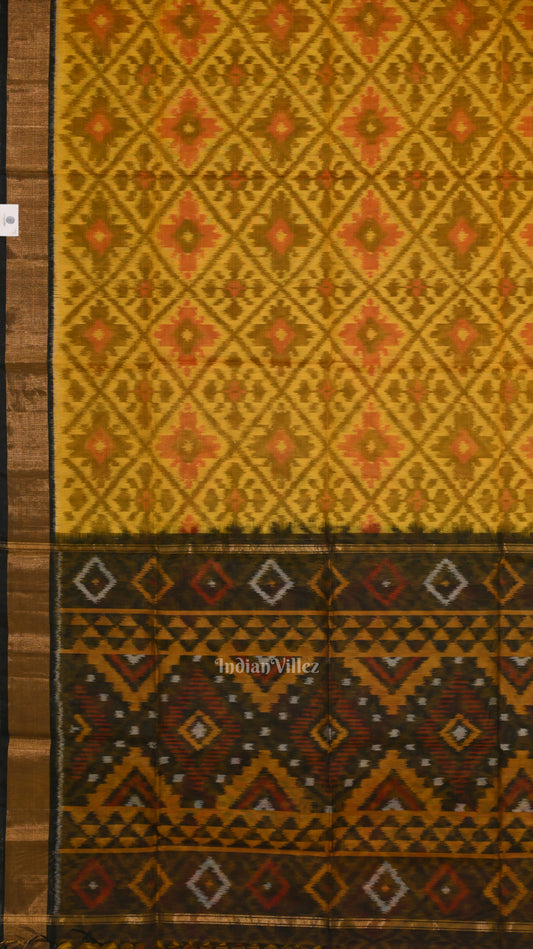 Yellow Black Pochampally Ikat Sico (Silk & Cotton) Saree with Zari Border