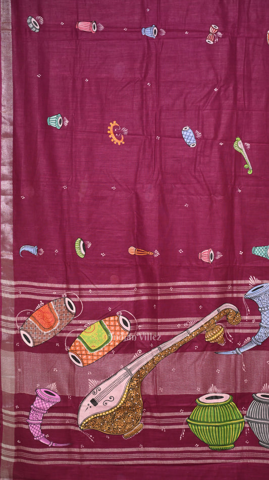 Rani Pink Musical Theme Hand-Painted Pattachitra Saree 