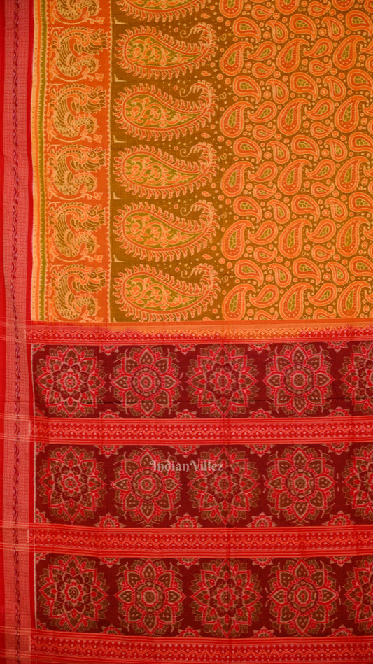 Mehendi Green Red Sambalpuri Pure Cotton Saree 