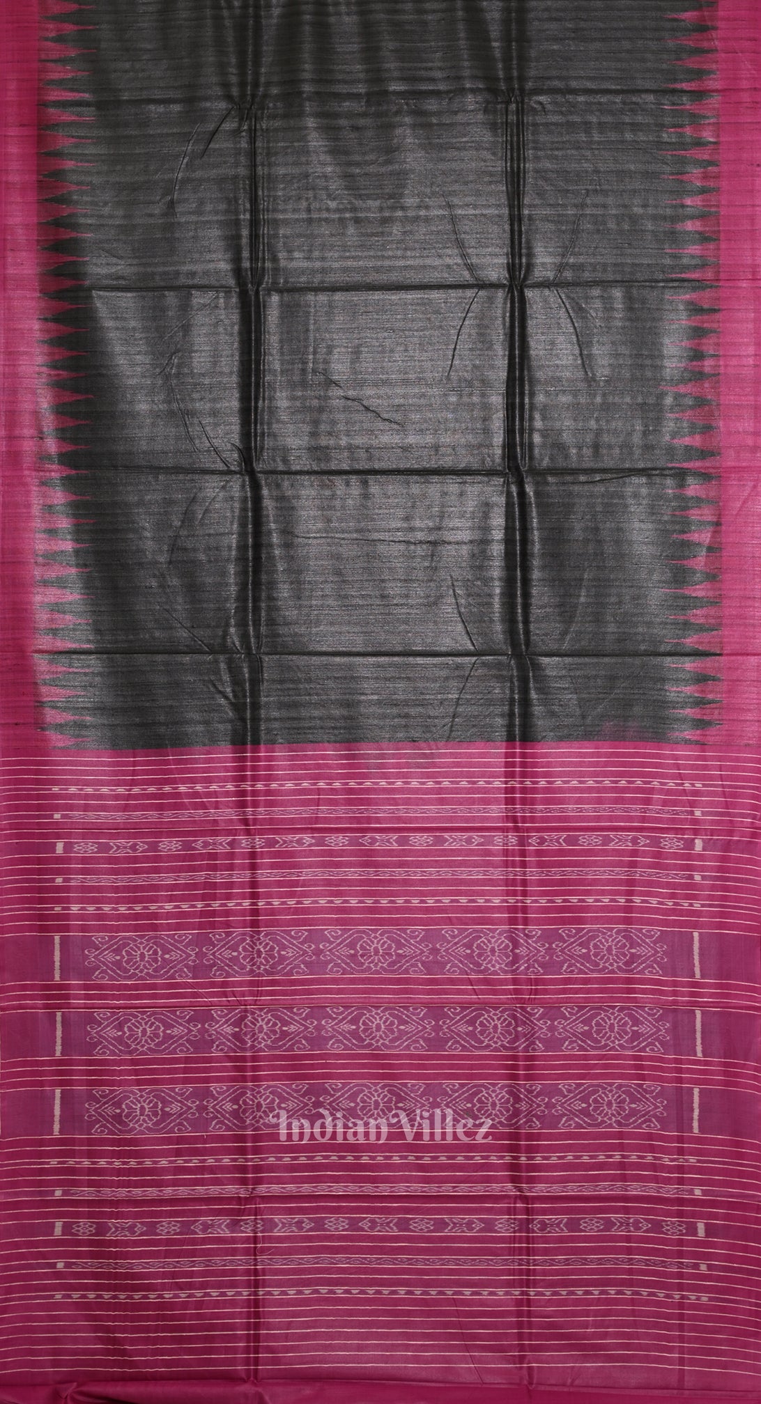 Black Tussar Silk Saree with Rani Pink Border & Anchal