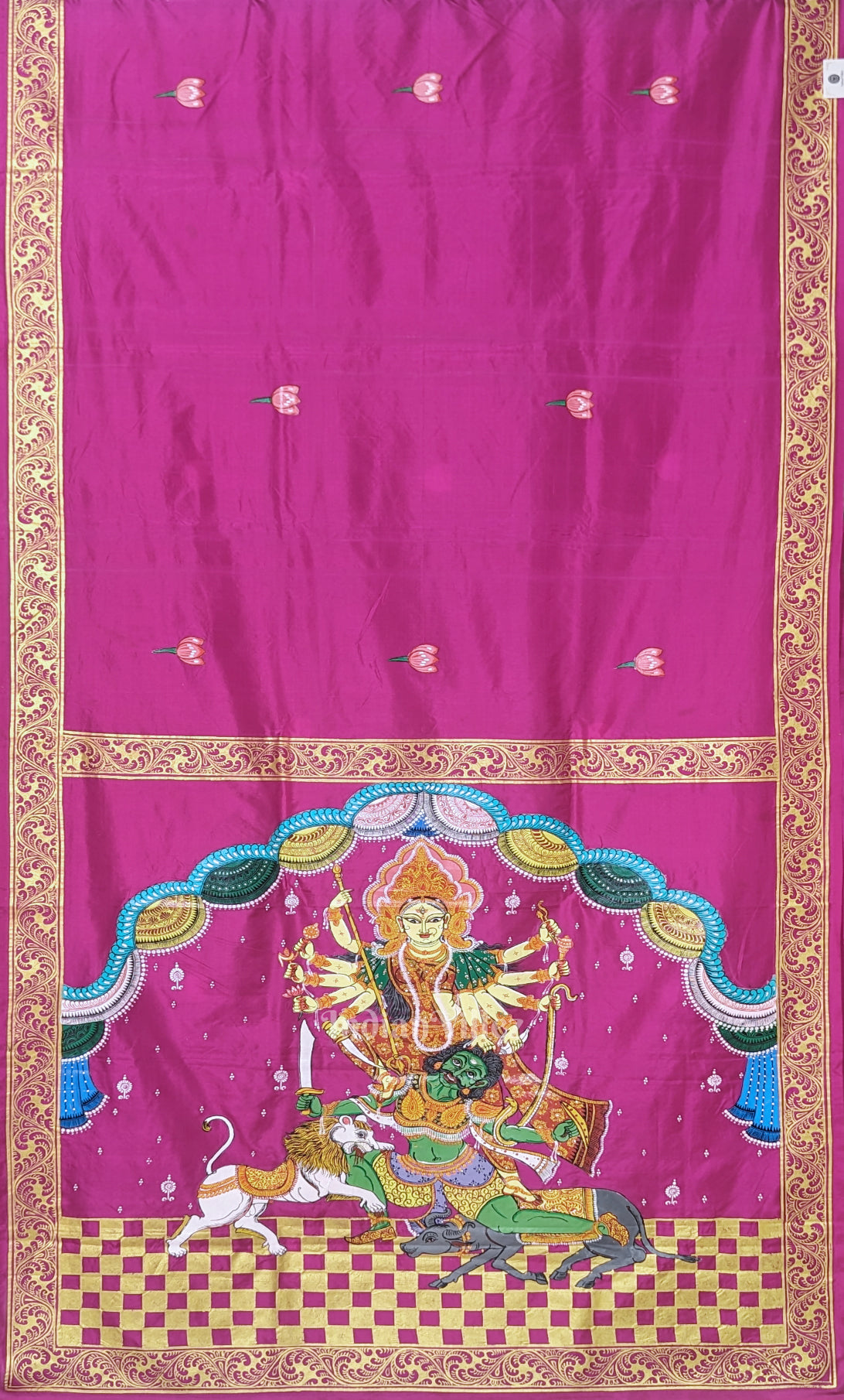 Magenta Pink Durga Puja Theme Hand-Painted Pattachitra Saree