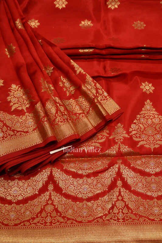  Exclusive Red Banarasi Katan Saree With Floral Handwork 